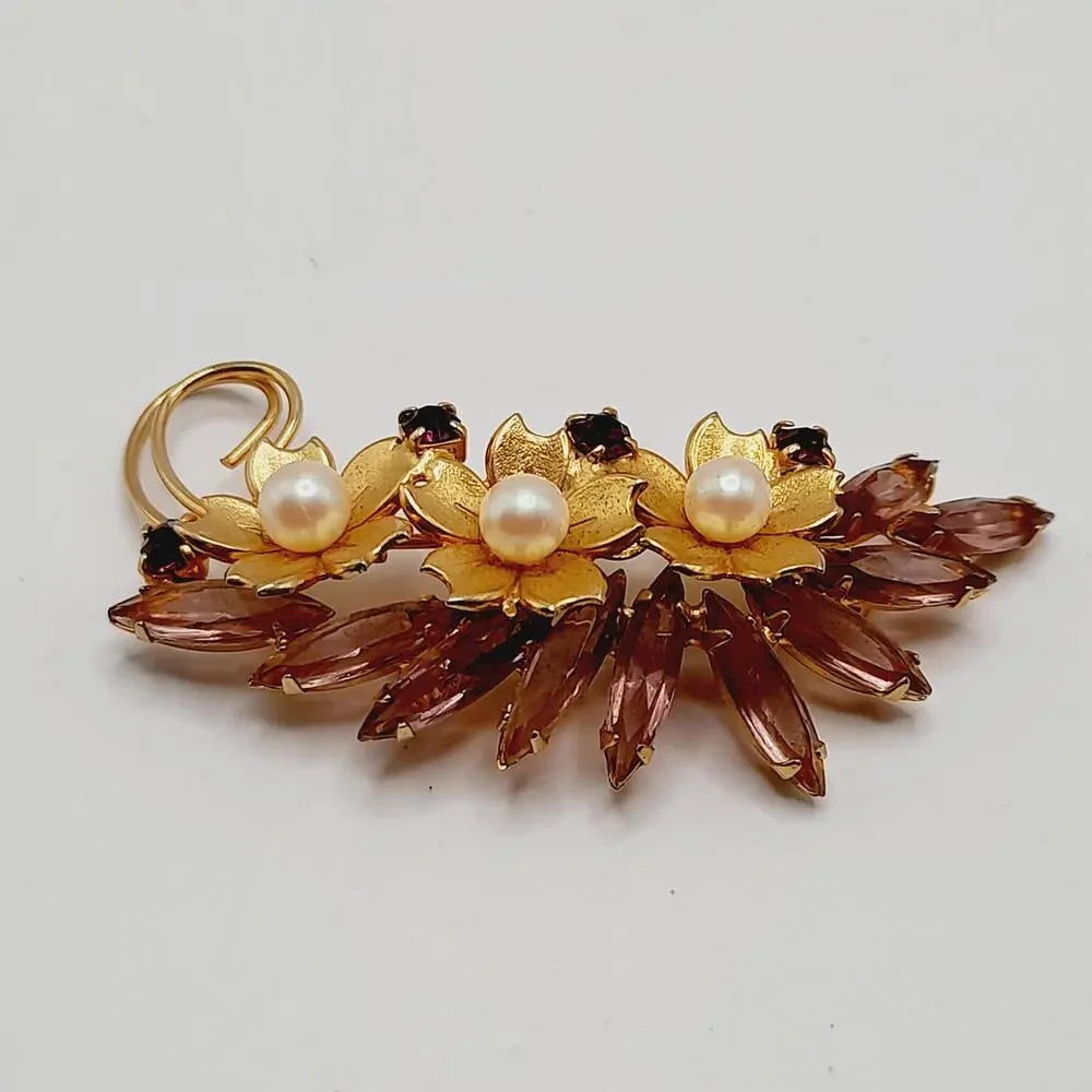 Vintage Floral Brooch, Faux Pearl Flowers, Open Back Rhinestones, 2 1/2